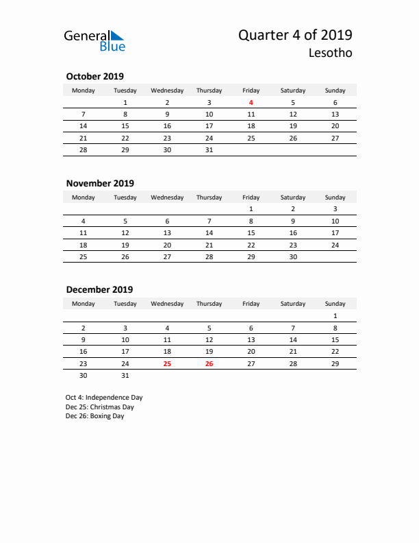 2019 Q4 Three-Month Calendar for Lesotho