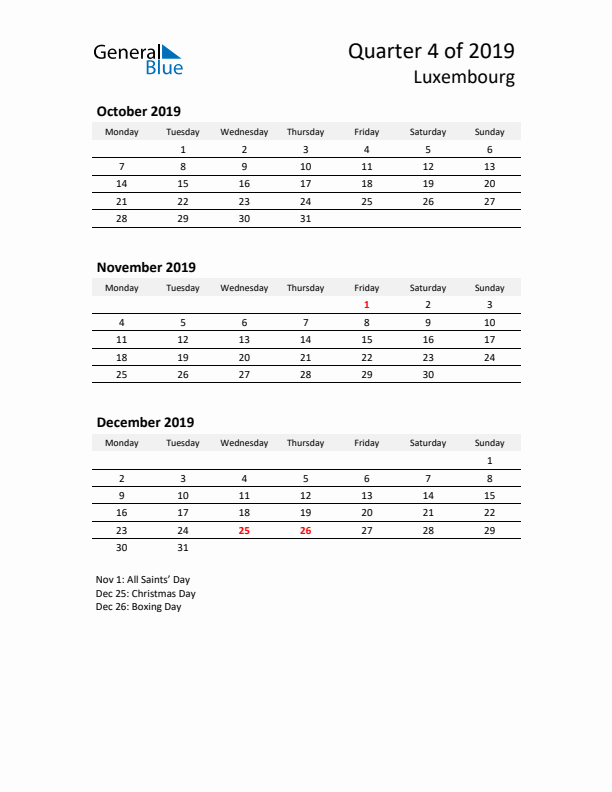 2019 Q4 Three-Month Calendar for Luxembourg