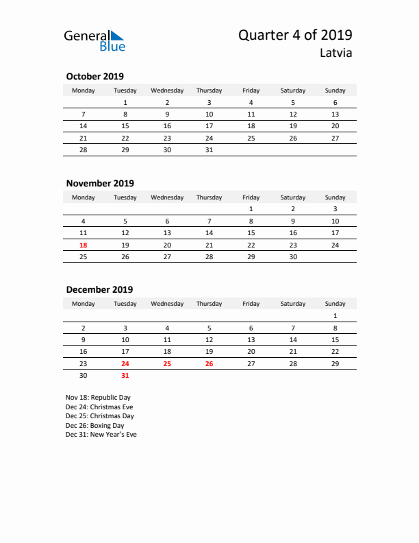 2019 Q4 Three-Month Calendar for Latvia