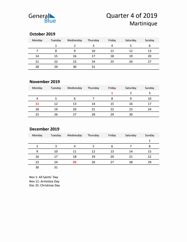 2019 Q4 Three-Month Calendar for Martinique