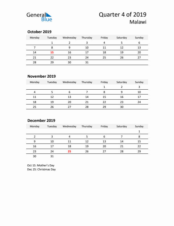 2019 Q4 Three-Month Calendar for Malawi