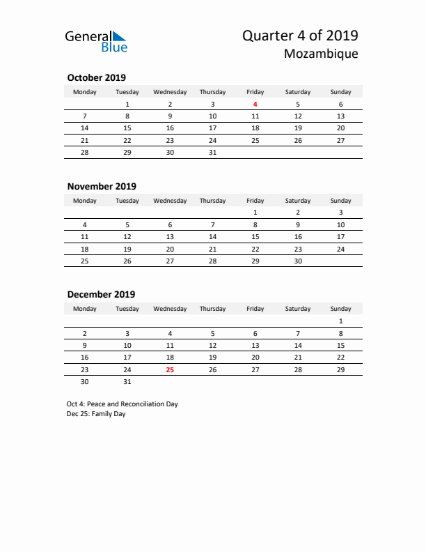 2019 Q4 Three-Month Calendar for Mozambique