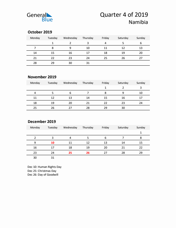 2019 Q4 Three-Month Calendar for Namibia