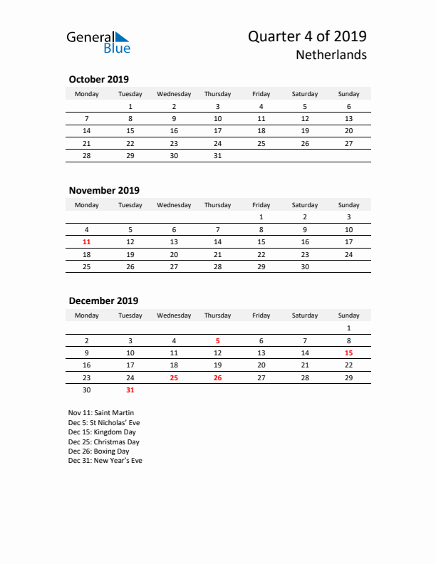 2019 Q4 Three-Month Calendar for The Netherlands