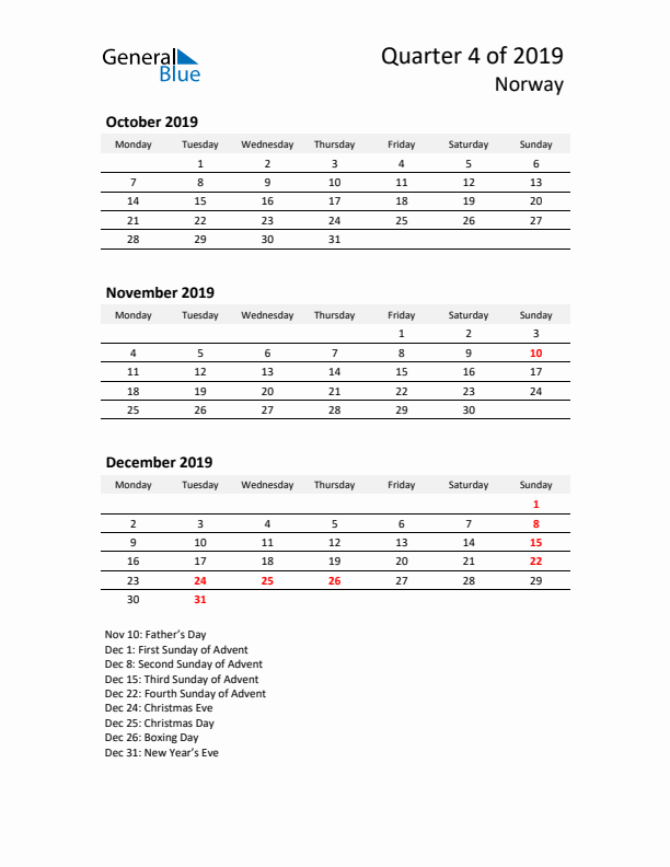 2019 Q4 Three-Month Calendar for Norway