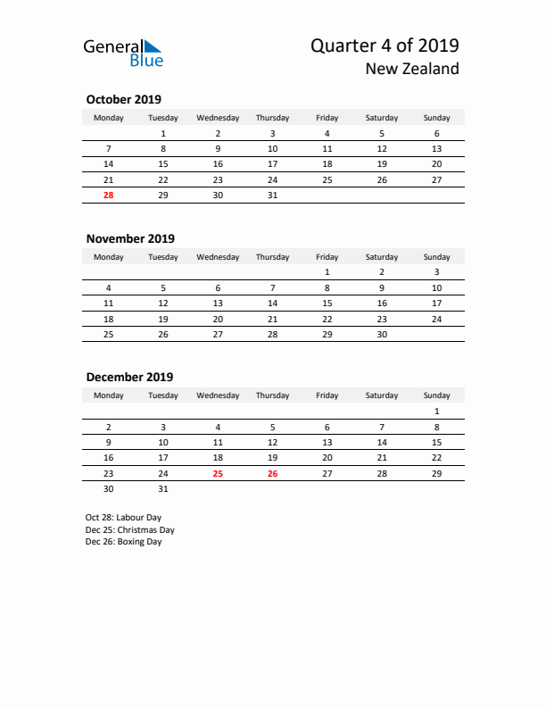 2019 Q4 Three-Month Calendar for New Zealand