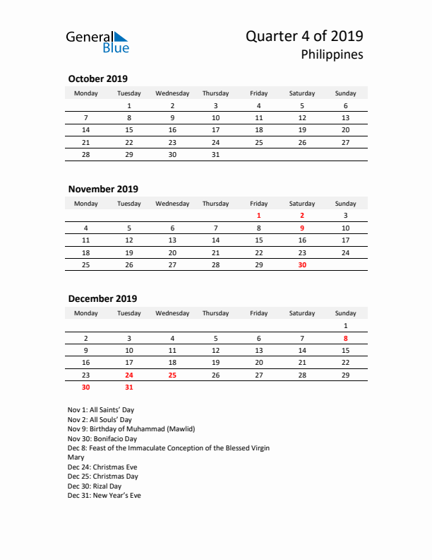 2019 Q4 Three-Month Calendar for Philippines