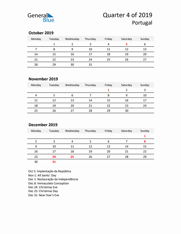 2019 Q4 Three-Month Calendar for Portugal