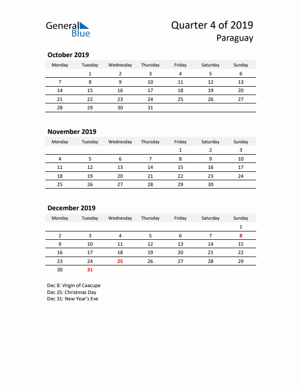 2019 Q4 Three-Month Calendar for Paraguay