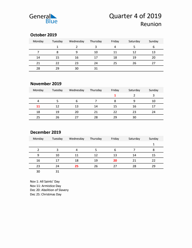 2019 Q4 Three-Month Calendar for Reunion