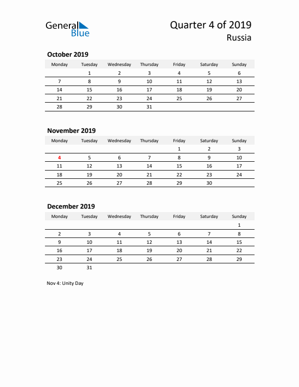 2019 Q4 Three-Month Calendar for Russia