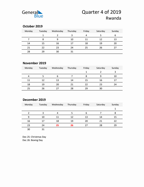 2019 Q4 Three-Month Calendar for Rwanda