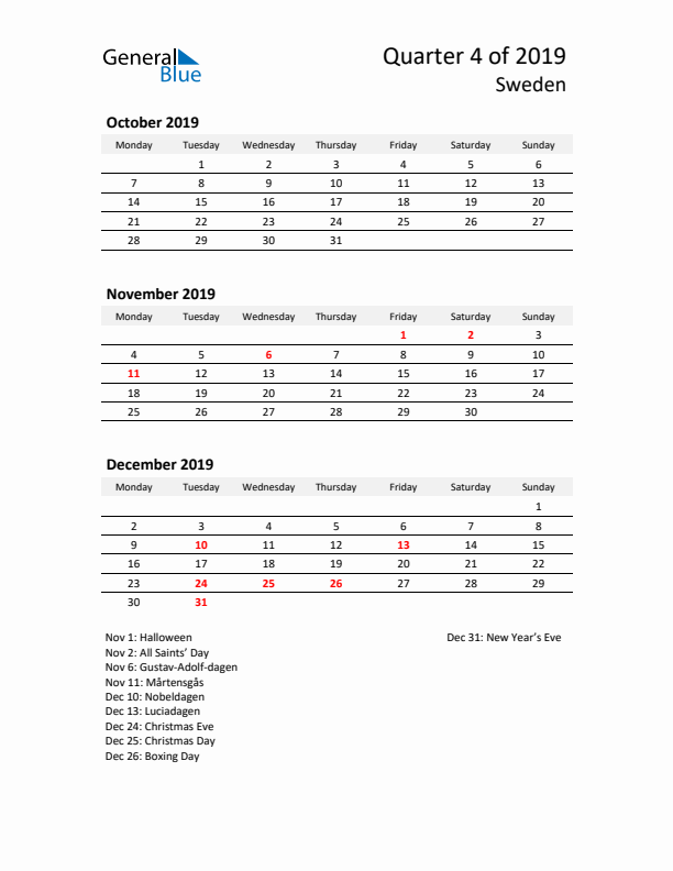 2019 Q4 Three-Month Calendar for Sweden