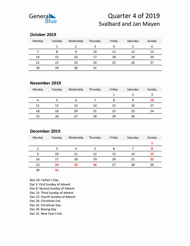 2019 Q4 Three-Month Calendar for Svalbard and Jan Mayen