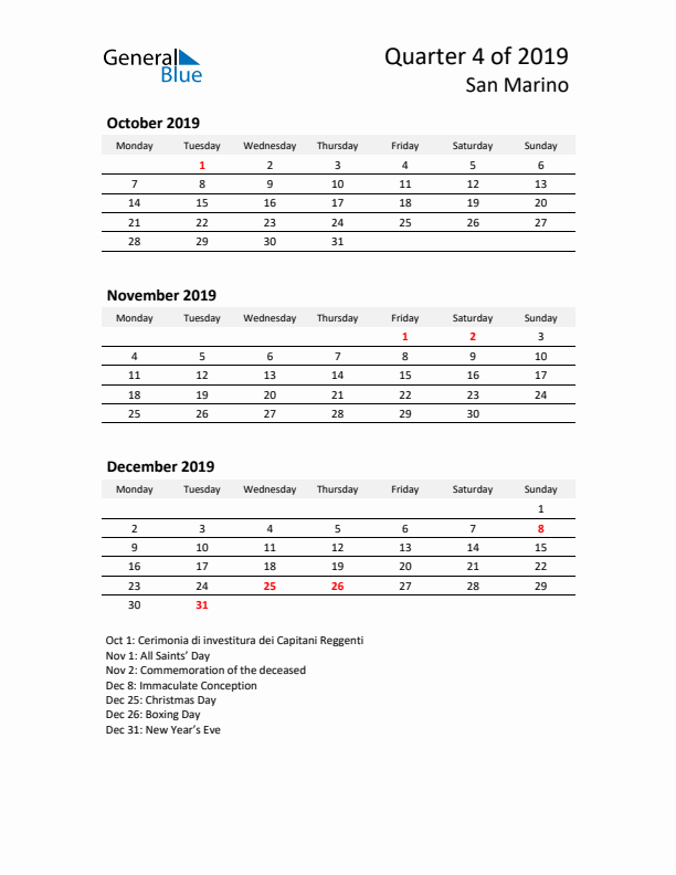 2019 Q4 Three-Month Calendar for San Marino