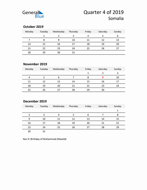 2019 Q4 Three-Month Calendar for Somalia