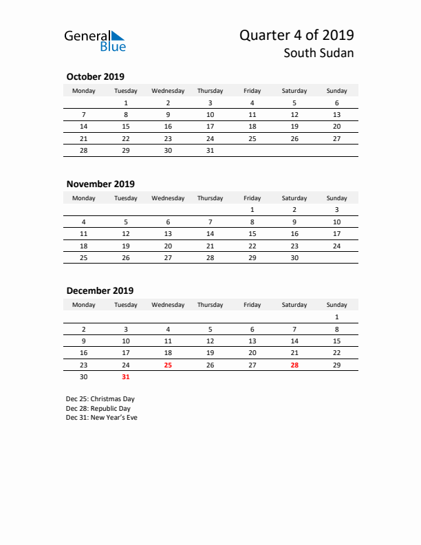 2019 Q4 Three-Month Calendar for South Sudan