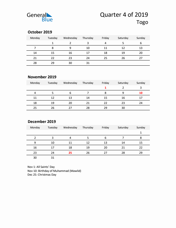 2019 Q4 Three-Month Calendar for Togo