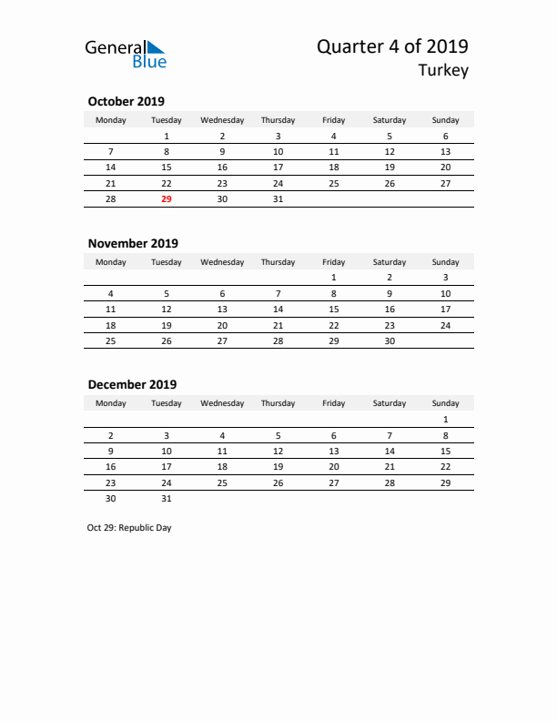 2019 Q4 Three-Month Calendar for Turkey