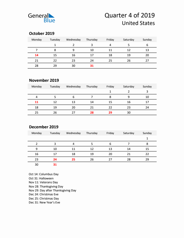 2019 Q4 Three-Month Calendar for United States