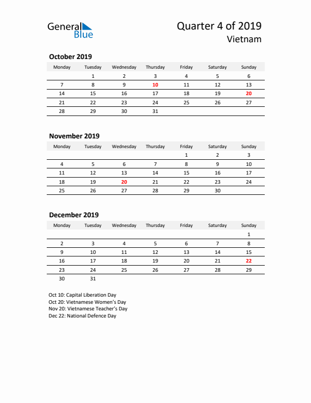 2019 Q4 Three-Month Calendar for Vietnam