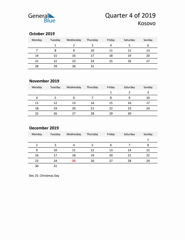 2019 Q4 Three-Month Calendar for Kosovo