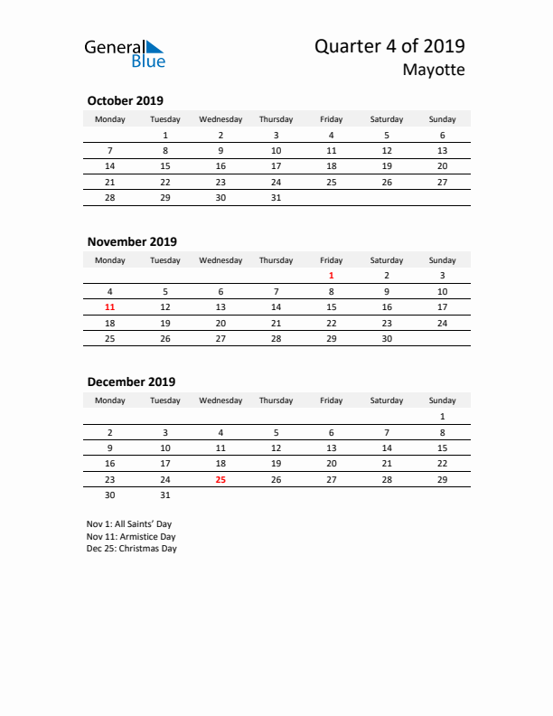 2019 Q4 Three-Month Calendar for Mayotte