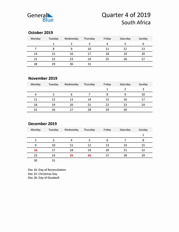 2019 Q4 Three-Month Calendar for South Africa