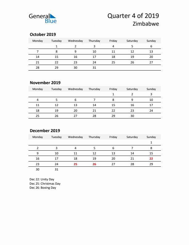 2019 Q4 Three-Month Calendar for Zimbabwe