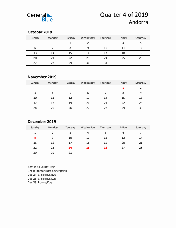 2019 Q4 Three-Month Calendar for Andorra