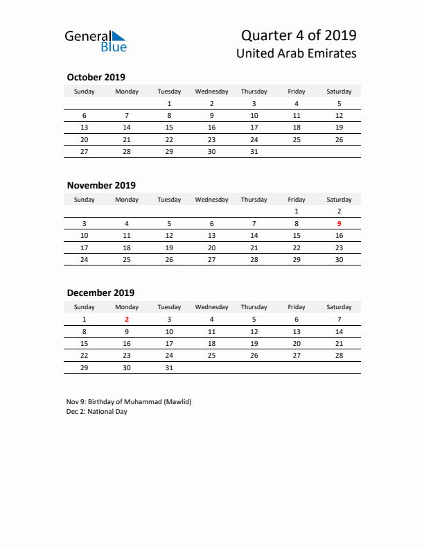 2019 Q4 Three-Month Calendar for United Arab Emirates