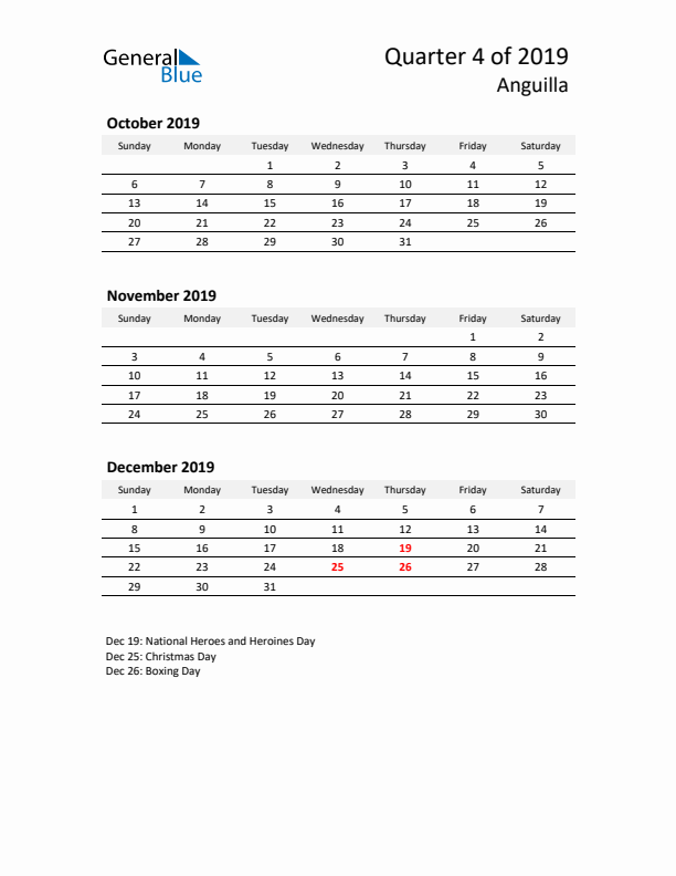 2019 Q4 Three-Month Calendar for Anguilla