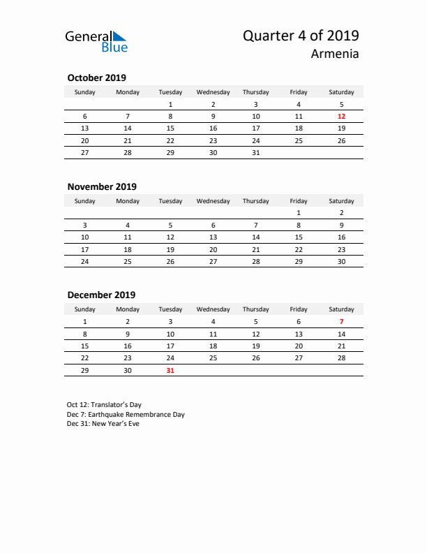 2019 Q4 Three-Month Calendar for Armenia