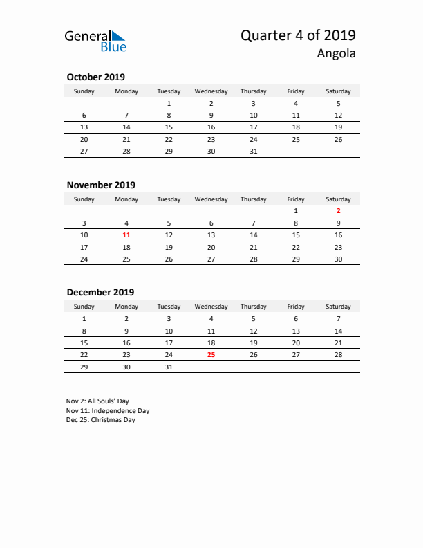 2019 Q4 Three-Month Calendar for Angola