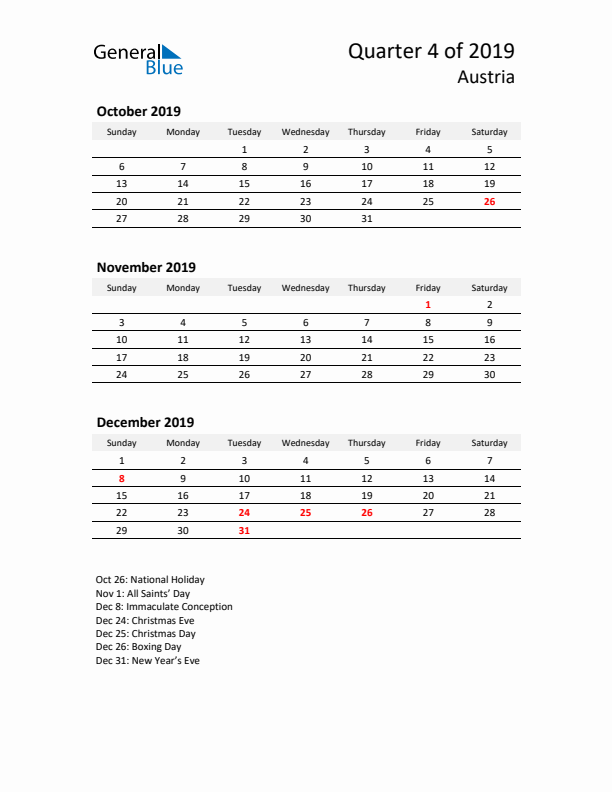 2019 Q4 Three-Month Calendar for Austria