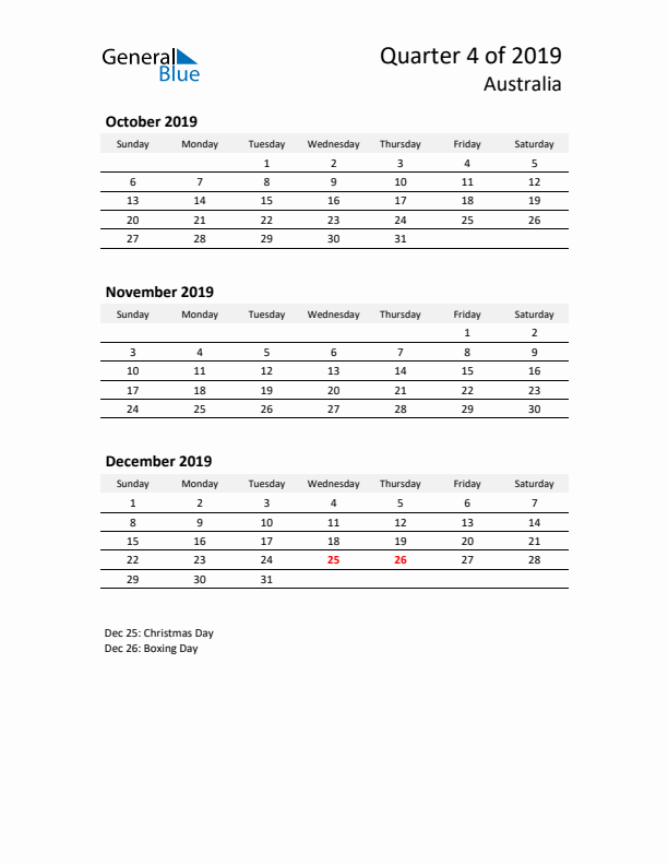 2019 Q4 Three-Month Calendar for Australia