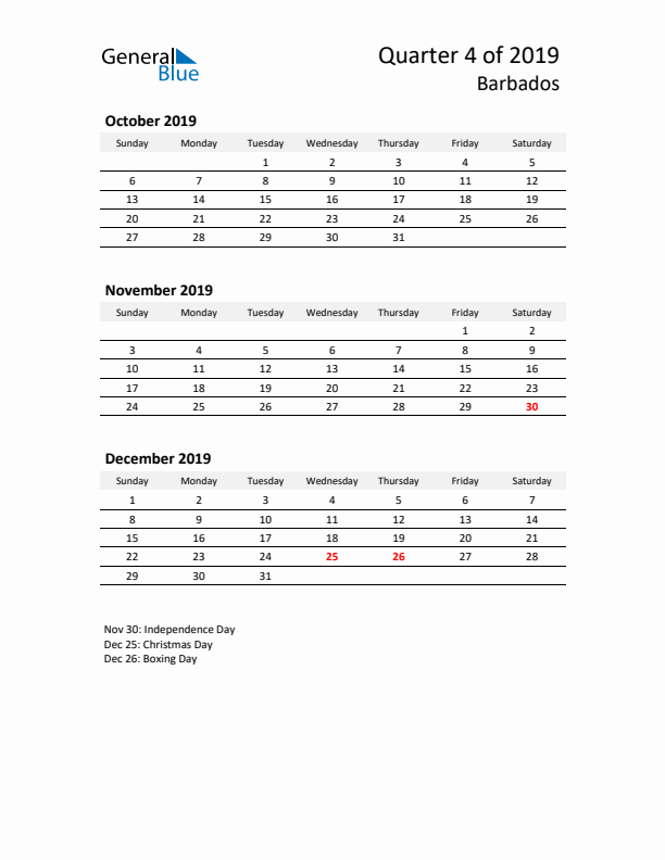 2019 Q4 Three-Month Calendar for Barbados