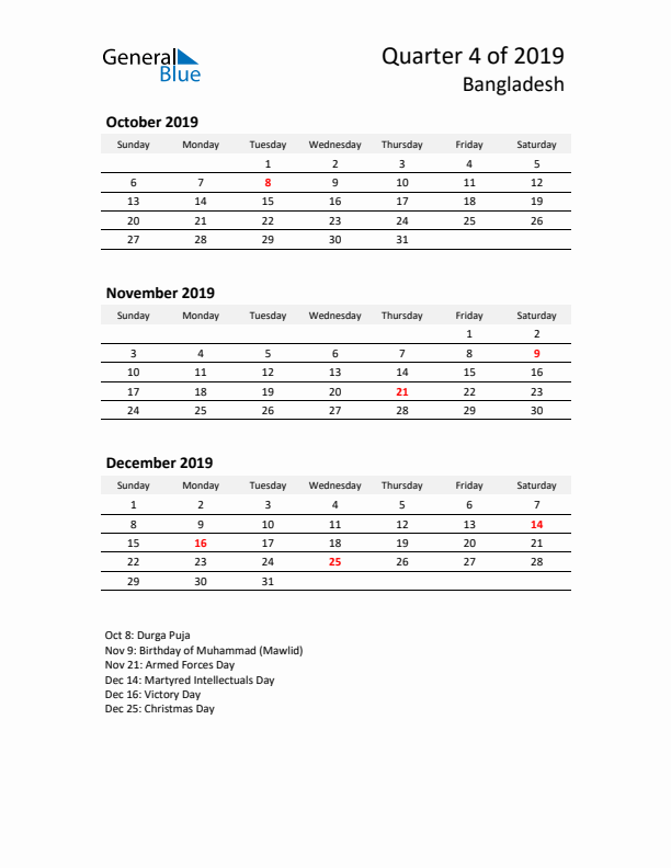 2019 Q4 Three-Month Calendar for Bangladesh