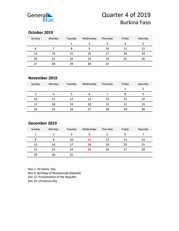 2019 Q4 Three-Month Calendar for Burkina Faso