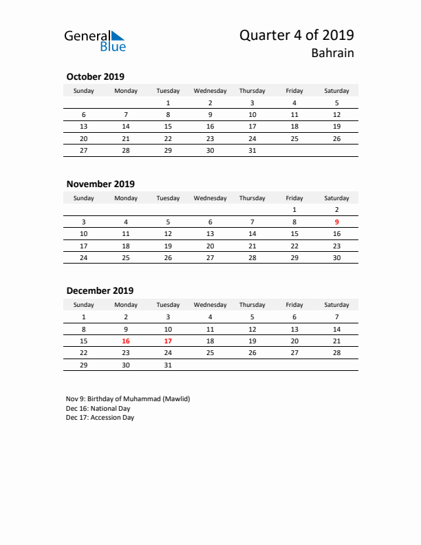 2019 Q4 Three-Month Calendar for Bahrain