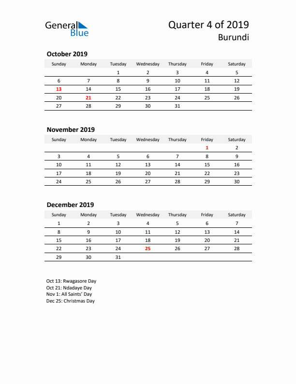 2019 Q4 Three-Month Calendar for Burundi