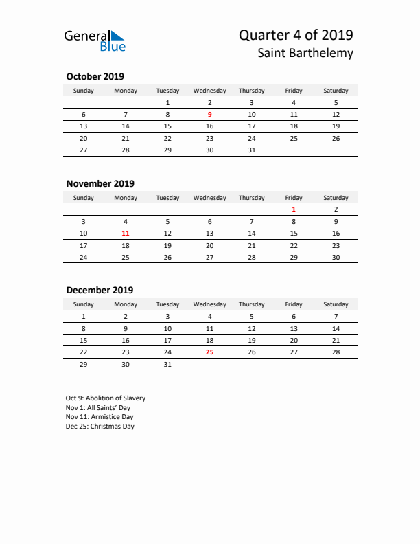 2019 Q4 Three-Month Calendar for Saint Barthelemy