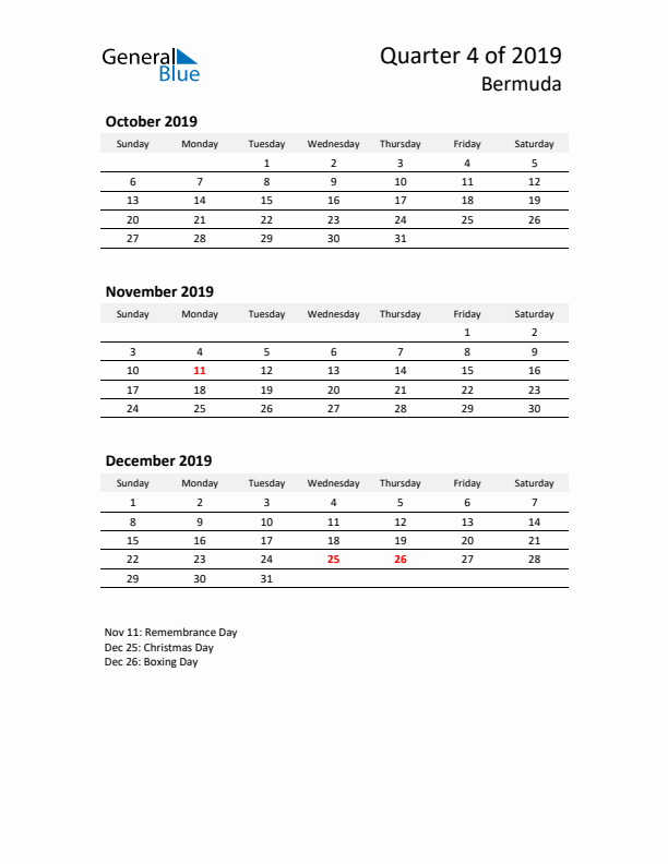 2019 Q4 Three-Month Calendar for Bermuda