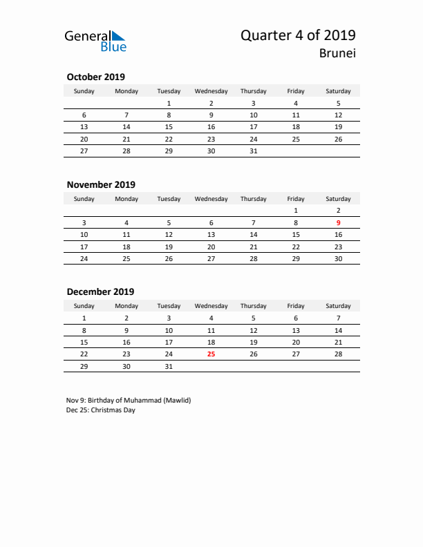 2019 Q4 Three-Month Calendar for Brunei