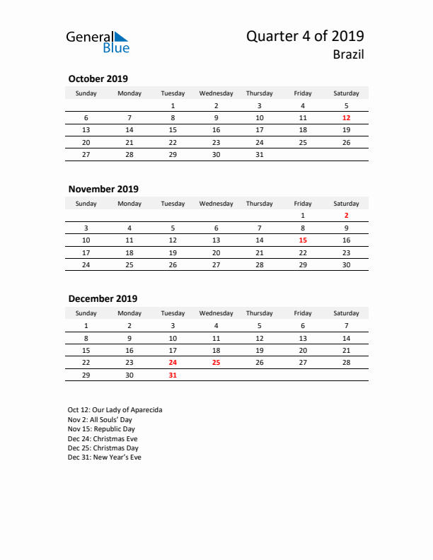 2019 Q4 Three-Month Calendar for Brazil