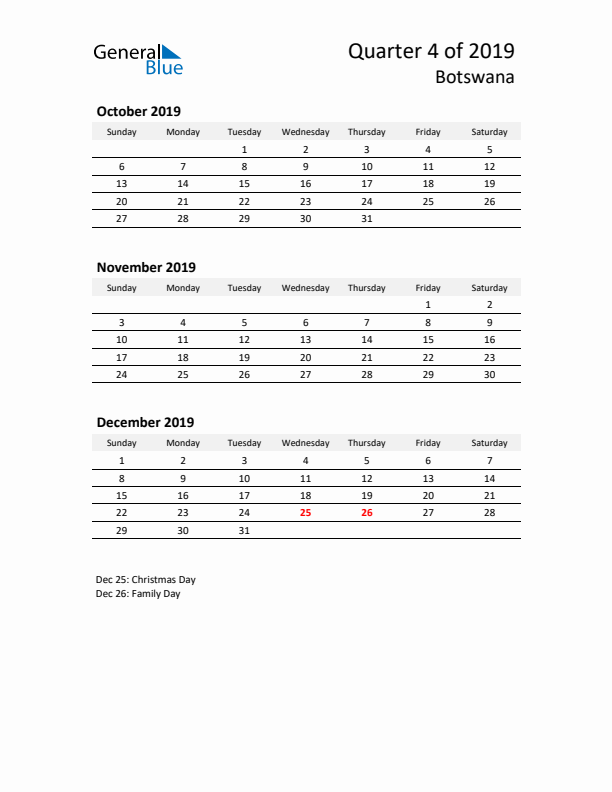 2019 Q4 Three-Month Calendar for Botswana