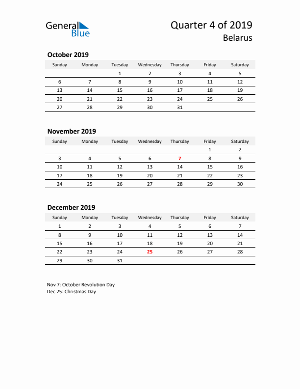 2019 Q4 Three-Month Calendar for Belarus