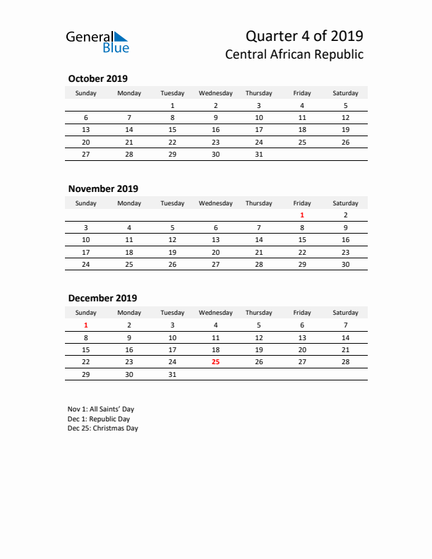 2019 Q4 Three-Month Calendar for Central African Republic