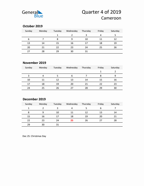 2019 Q4 Three-Month Calendar for Cameroon