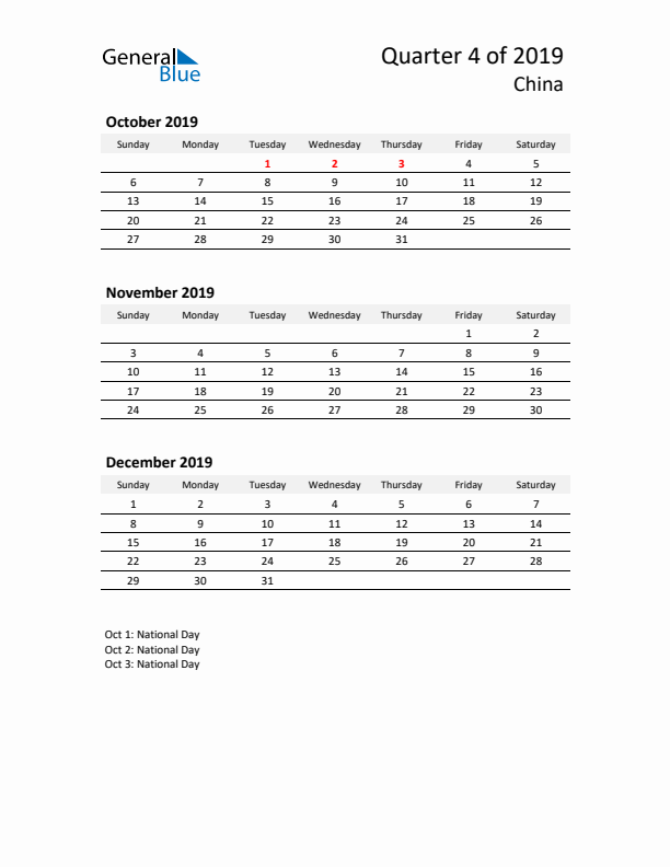 2019 Q4 Three-Month Calendar for China